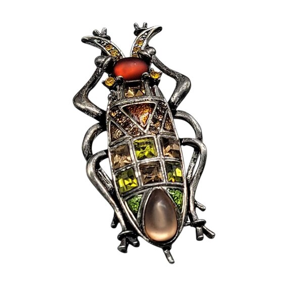 Beetle Brooch With Multicolor Frosted & Faceted Glass Stones Silver Tone Setting - Picture 2 of 7